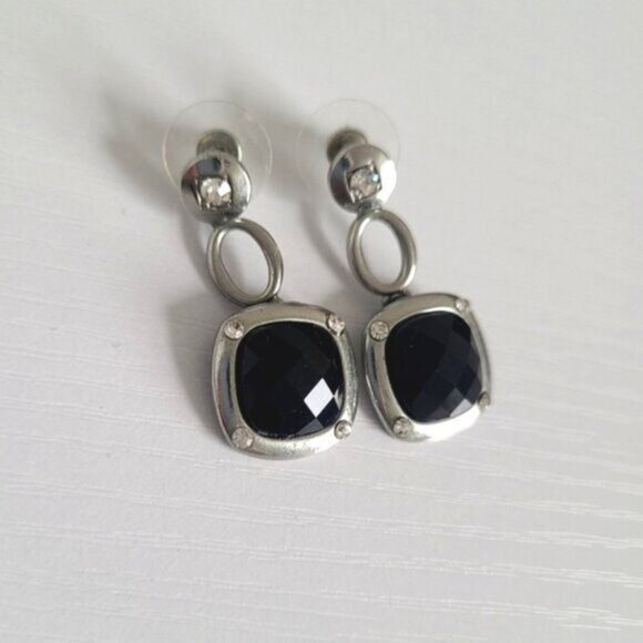 Vintage Matte Silver ToneChunky Black Onyx Faceted Crystal Y Necklace Earrings - Picture 4 of 9